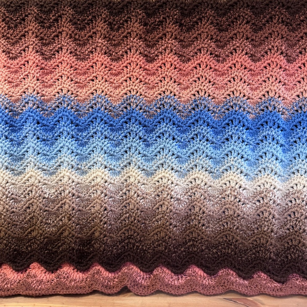 Handmade vintage chevron crochet couch throw blanket brown, blue, coral